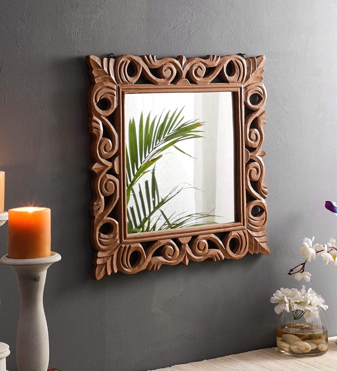 Home Decor Wooden Makeup Mirror Square Shape Wall Mirror For Living Room Bedroom 17.7*17.7 Inches Sustainable Wooden Mirror