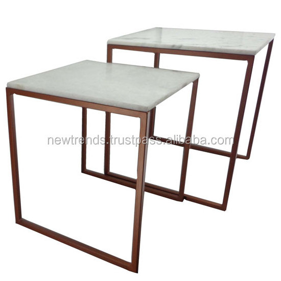 2 Piece Metal Nesting End Tables with Marble Top for Living Room Furniture