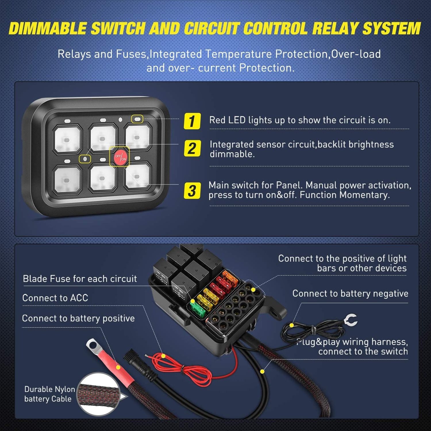 Off Road Light Accessory 12V 24V Dimmable ON Off 6 Gang LED Switch Panel with Electronic Relay System for Car Truck Boat ATV UTV