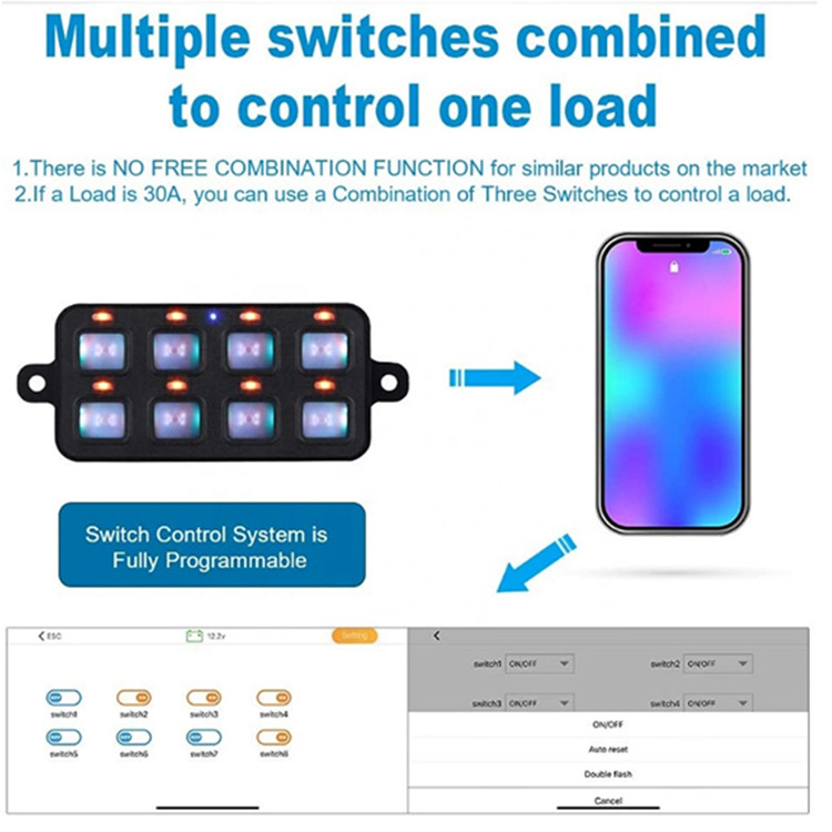 Universal APP Control Dimmable 8 Gang RGB Marine Switch Panel Control System 12V 24V for Off Road Light Boat