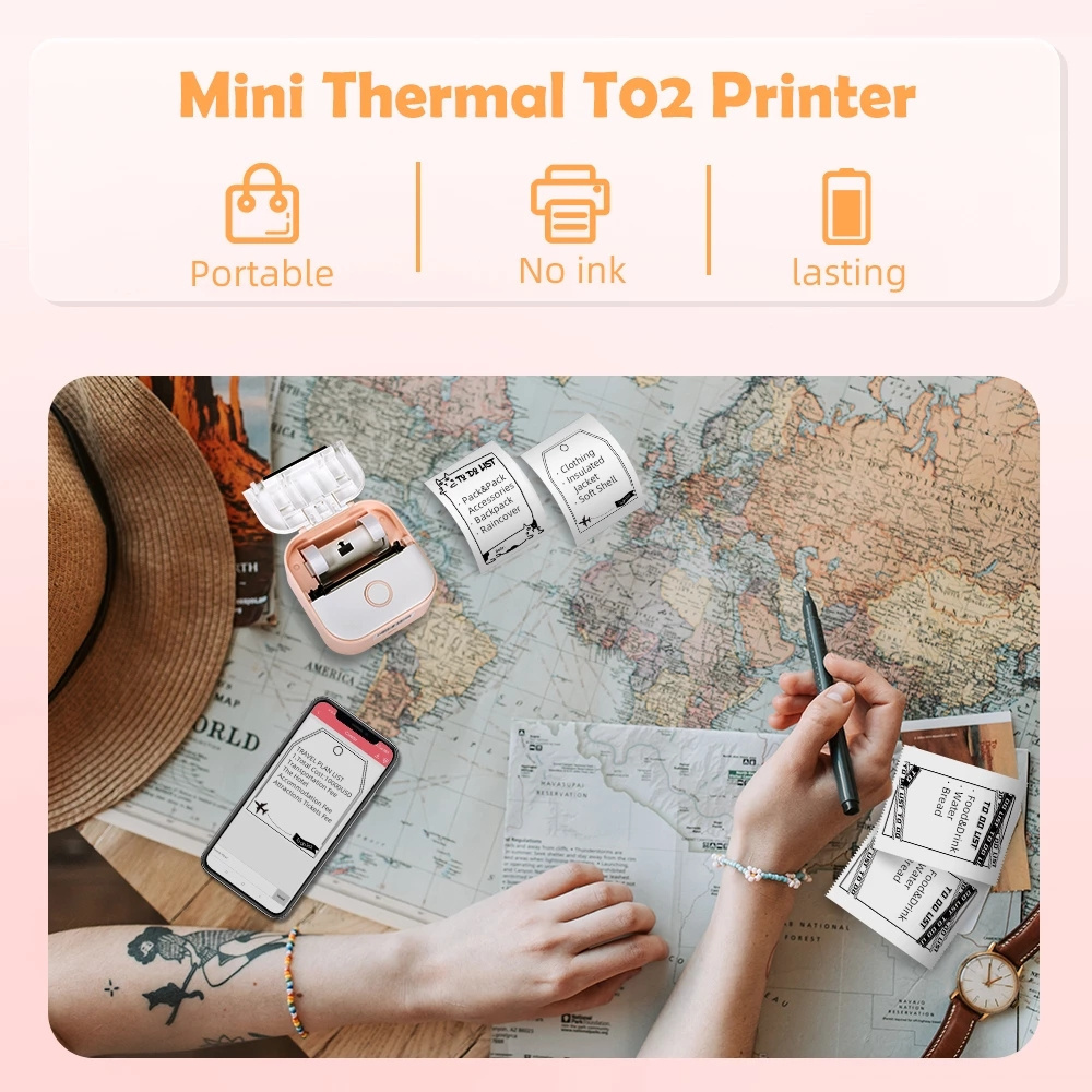 Phomemo T02 Portable Mini Thermal Printer 203dpi 53mm Printing Stickers Wireless Inkless Mini Pocket Label Notes Printer Papers