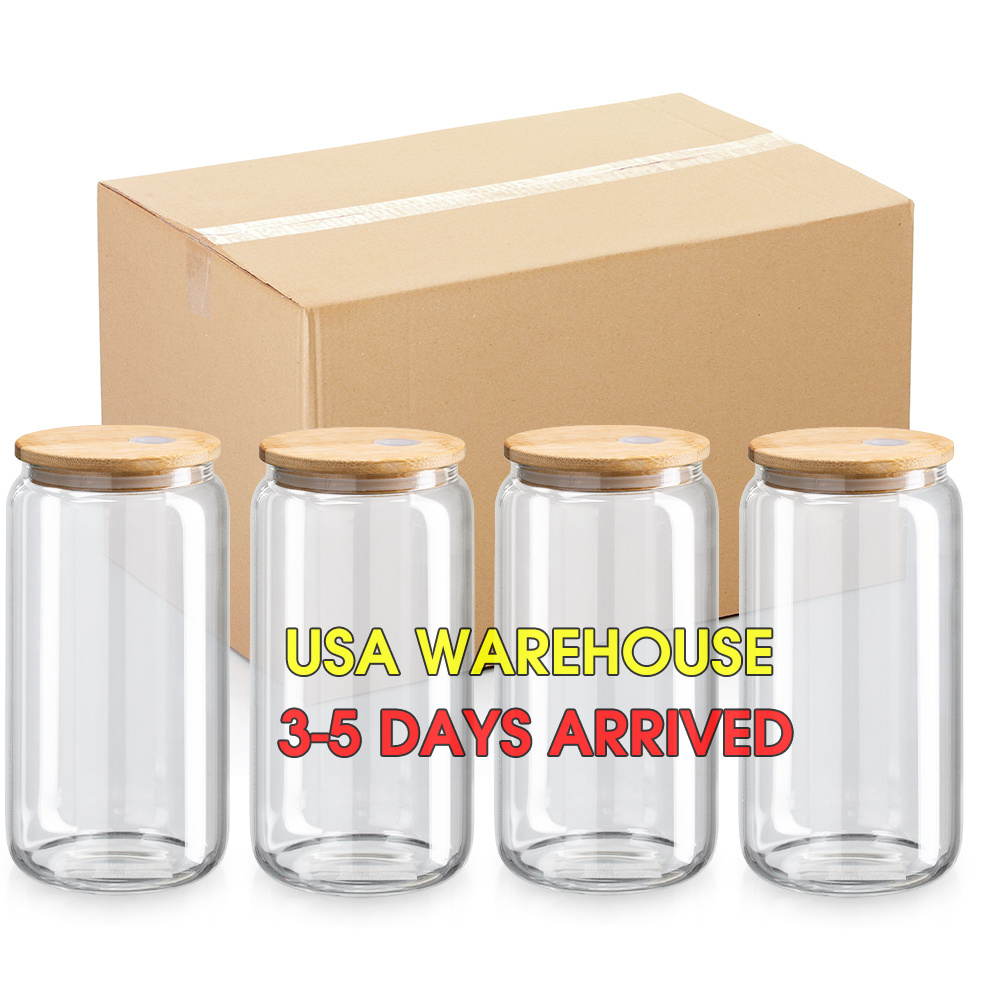 US Warehouse 16oz Libbey Glass Cup Blanks Sublimation Glasses Beer Can Glass with Bamboo Lid and Straws for Iced Coffee Glasses