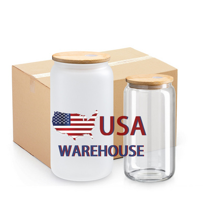 USA Warehouse Frosted Clear Blanks Sublimation 12oz 16oz Can Shaped Drinking Gradient Beer Can Glass With Bamboo Lid And Straw