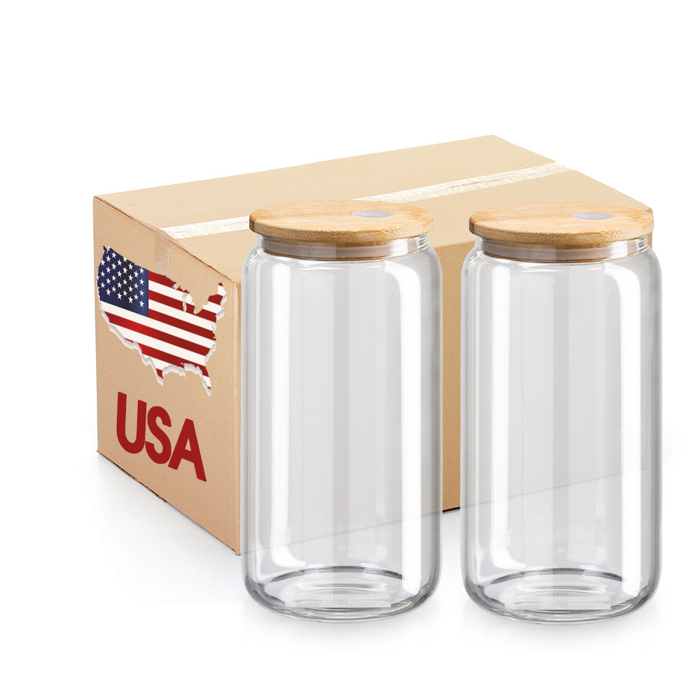 USA Warehouse Frosted Clear Blanks Sublimation 12oz 16oz Can Shaped Drinking Gradient Beer Can Glass With Bamboo Lid And Straw