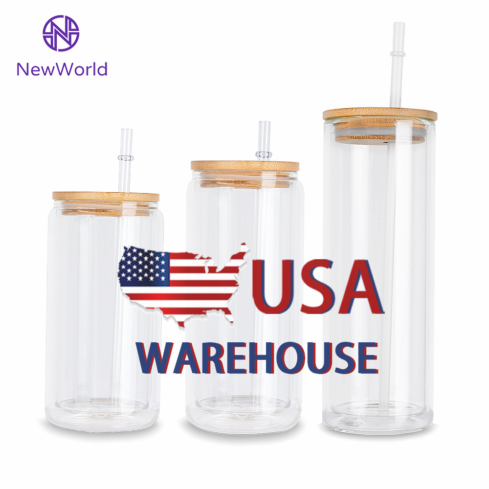 Usa Warehouse 12oz 16oz 20oz Blanks Sublimation Snow Globe Glitter Double Walled Beer Predriled Can Shaped Glass with Bamboo Lid