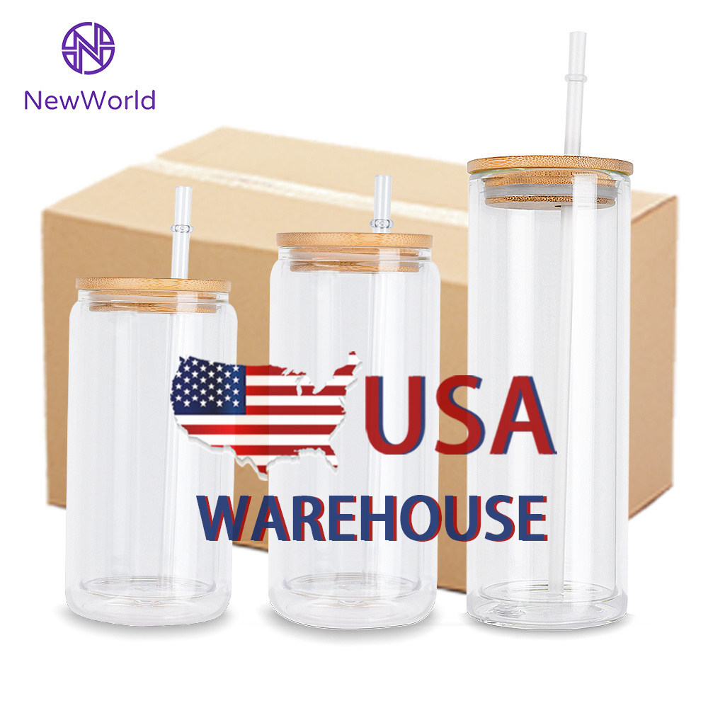 Usa Warehouse 12oz 16oz 20oz Blanks Sublimation Snow Globe Glitter Double Walled Beer Predriled Can Shaped Glass with Bamboo Lid