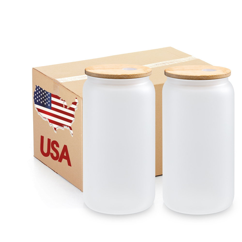 USA Warehouse Frosted Clear Blanks Sublimation 12oz 16oz Can Shaped Drinking Gradient Beer Can Glass With Bamboo Lid And Straw