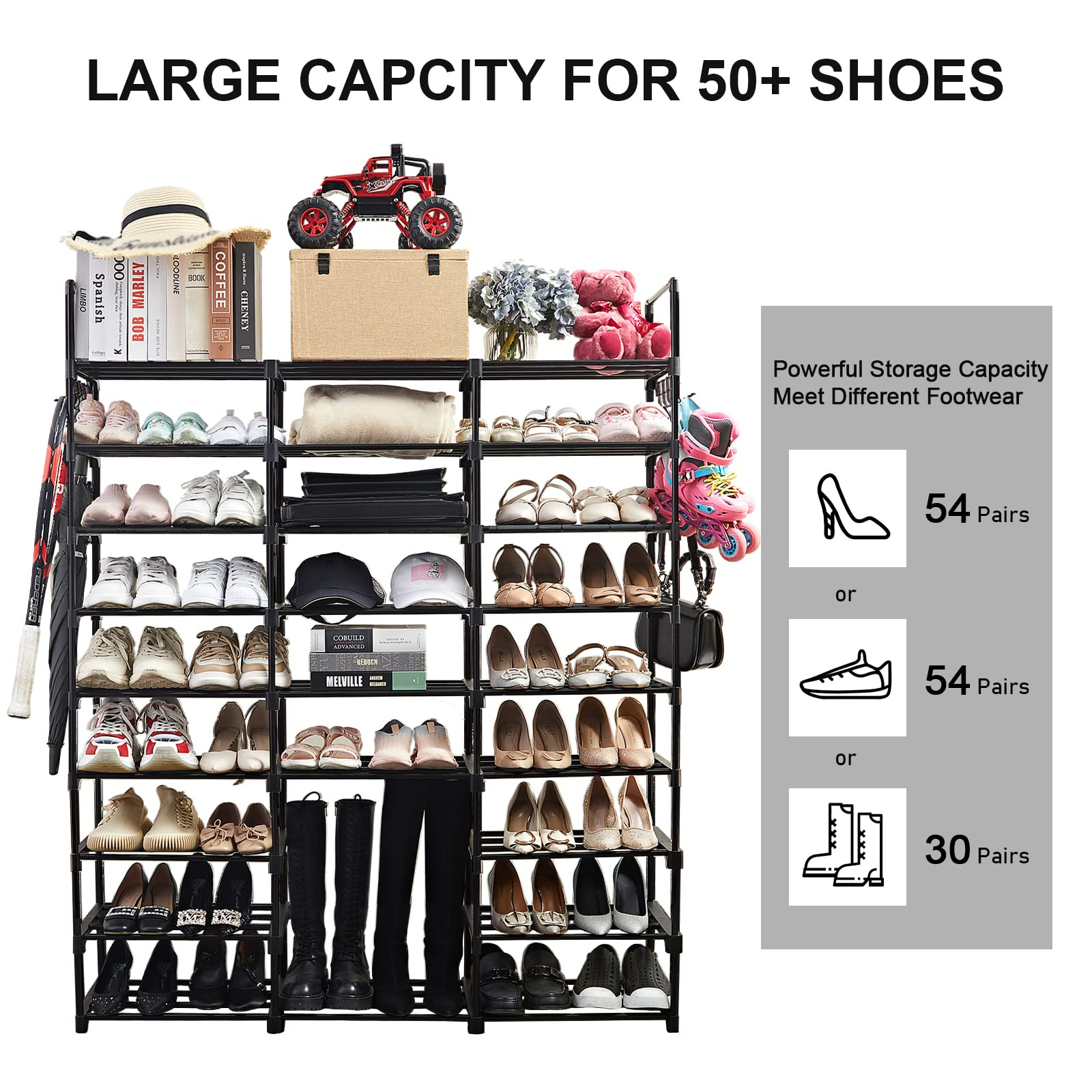 9 Tiers Shoe Rack, Tall Shoe Organizer, Metal Shoe Storage 50 Pairs Vertical Shoe Shelf Black