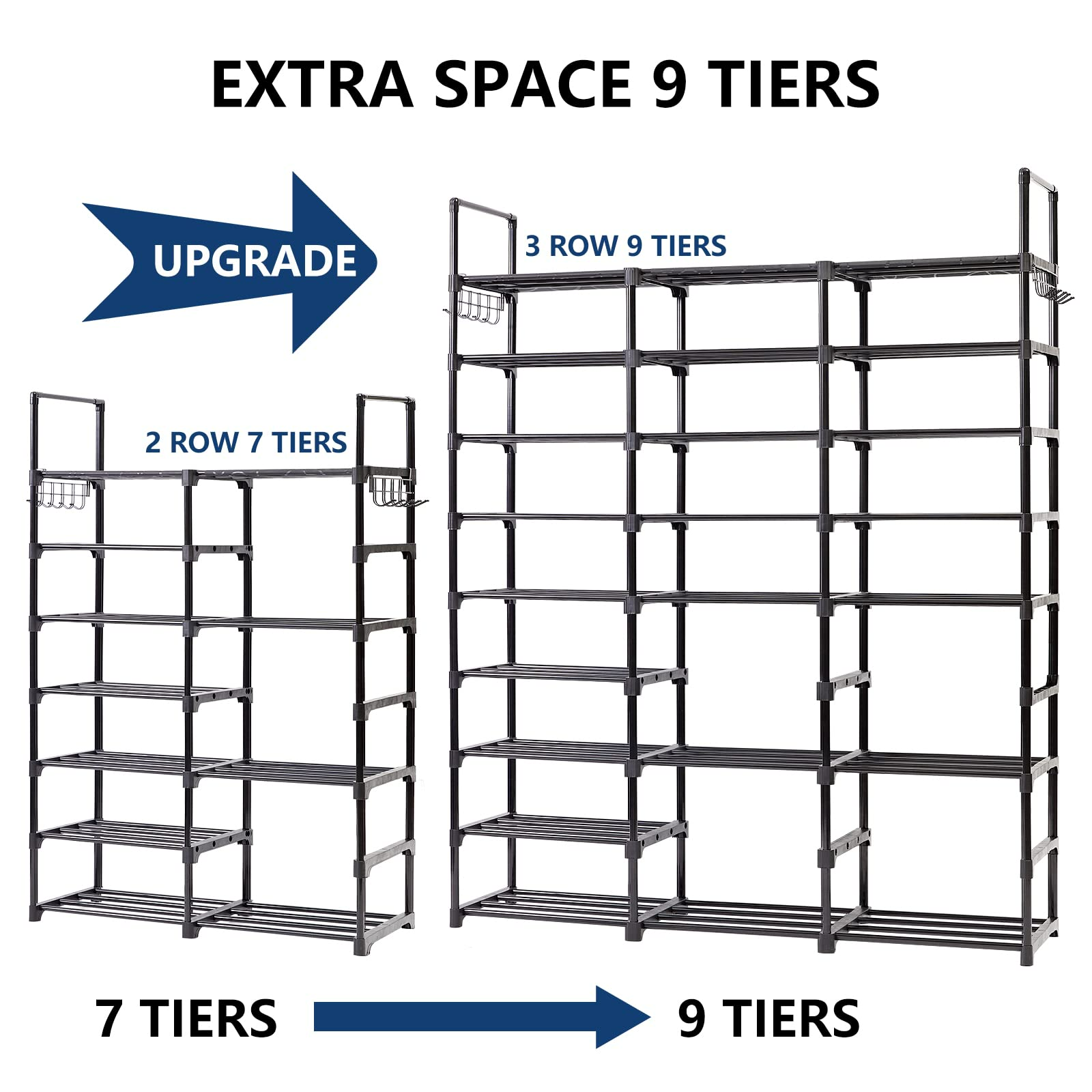 9 Tiers Shoe Rack, Tall Shoe Organizer, Metal Shoe Storage 50 Pairs Vertical Shoe Shelf Black