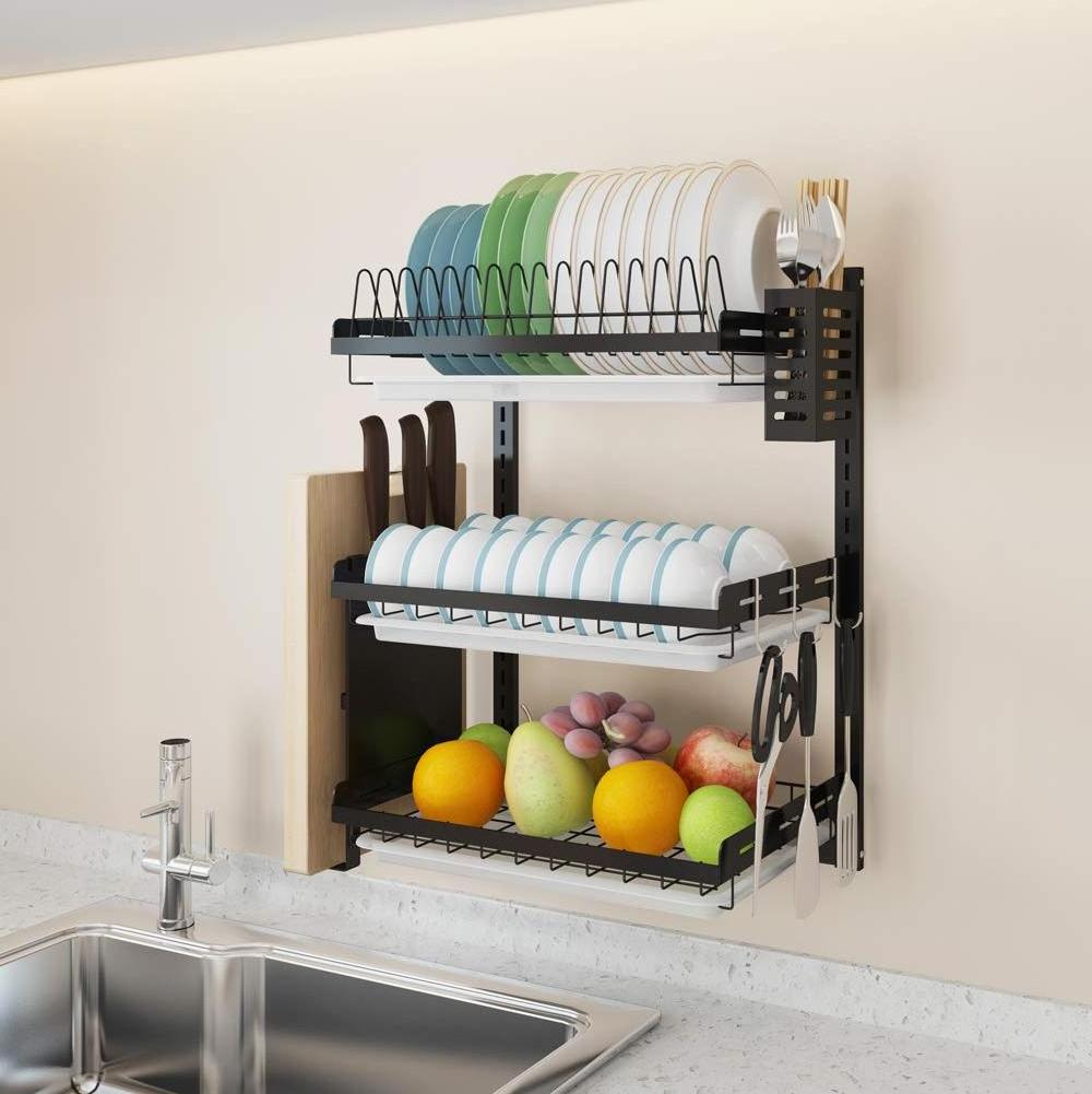 Multilayer Stainless Steel Wall-Mounted Collapsible Dish Rack Kitchen Shelf Dish Drying Frame Storage Kitchen Storage Shelf