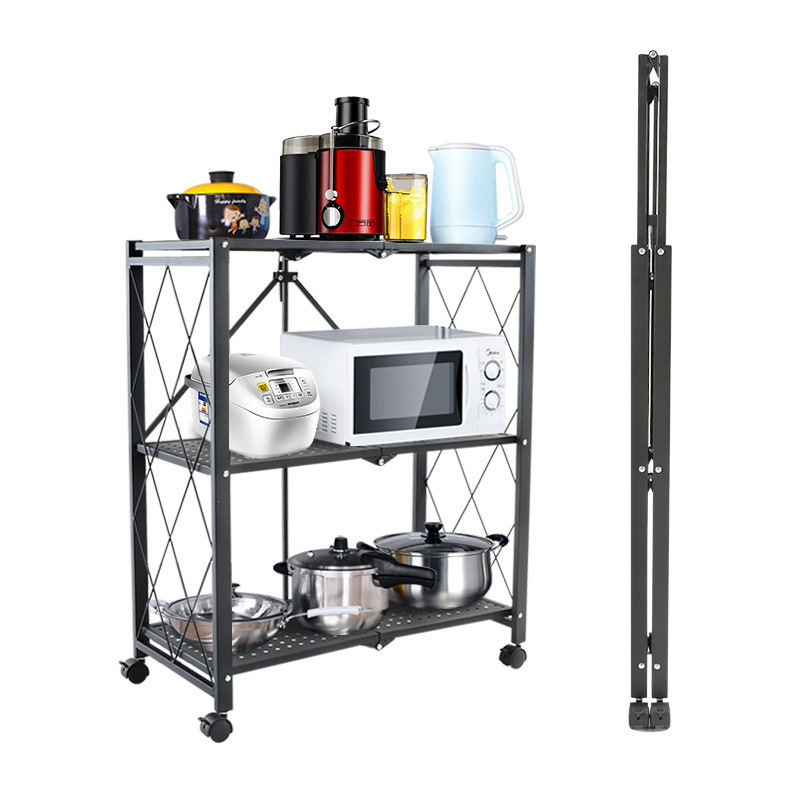 Collapsible/Foldable Heavy Duty Shelving Unit, Steel Organizer Wire Rack with Wheels, Rolling Cart, Home Kitchen Storage