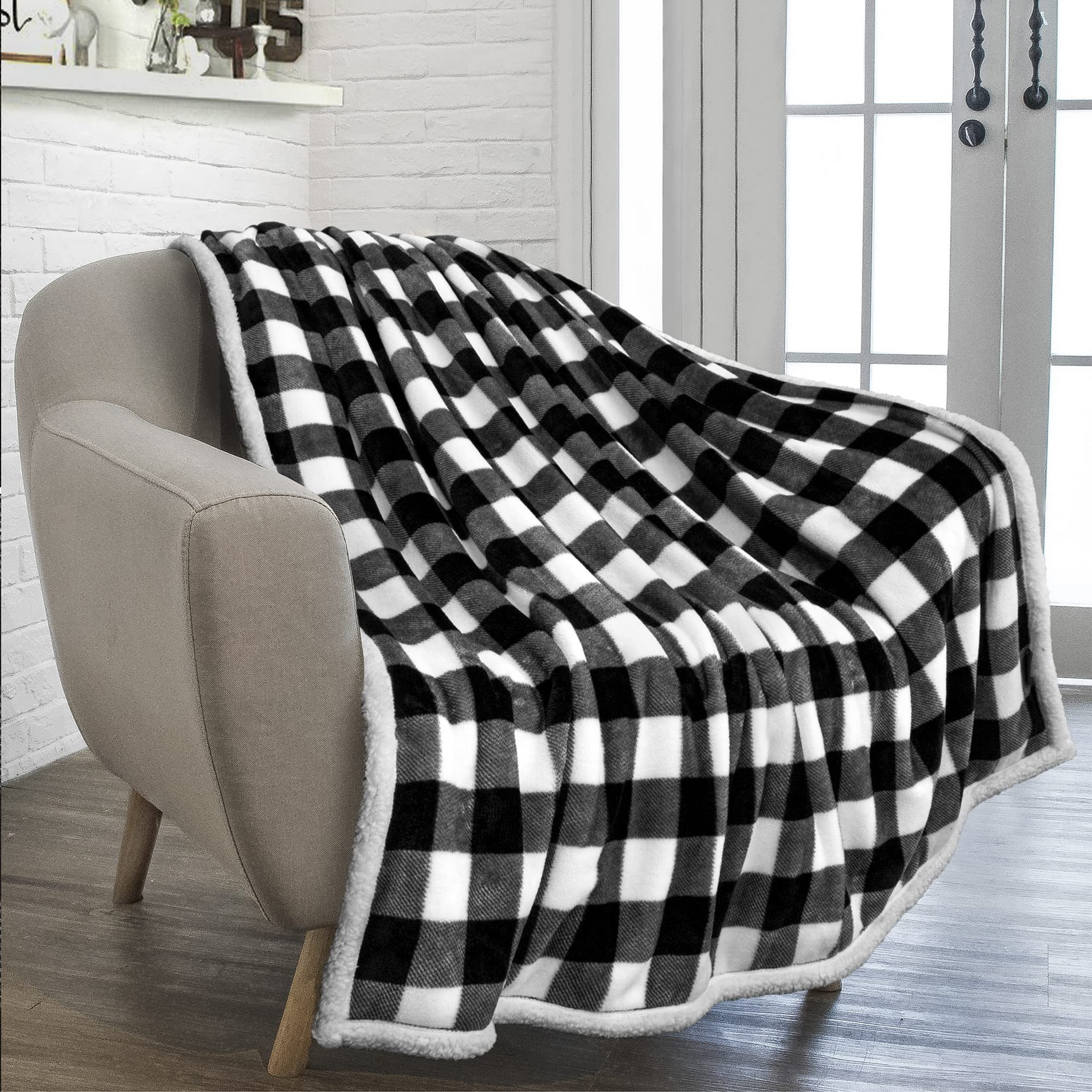 Buffalo Plaid Sherpa Fleece Throw Blanket for Couch, Soft Flannel Blanket for Sofa Bed