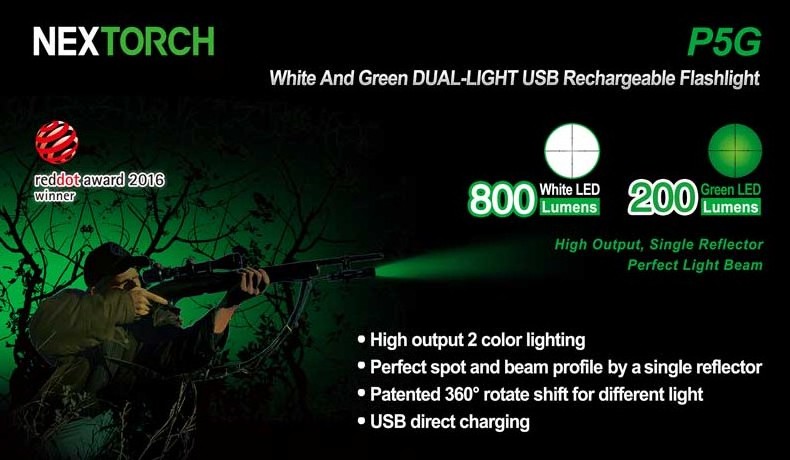 NEXTORCH P5G for Hunting and Light Source USB Rechargeable LED Flashlight and Outdoor Multicfunctional White and Green Camping