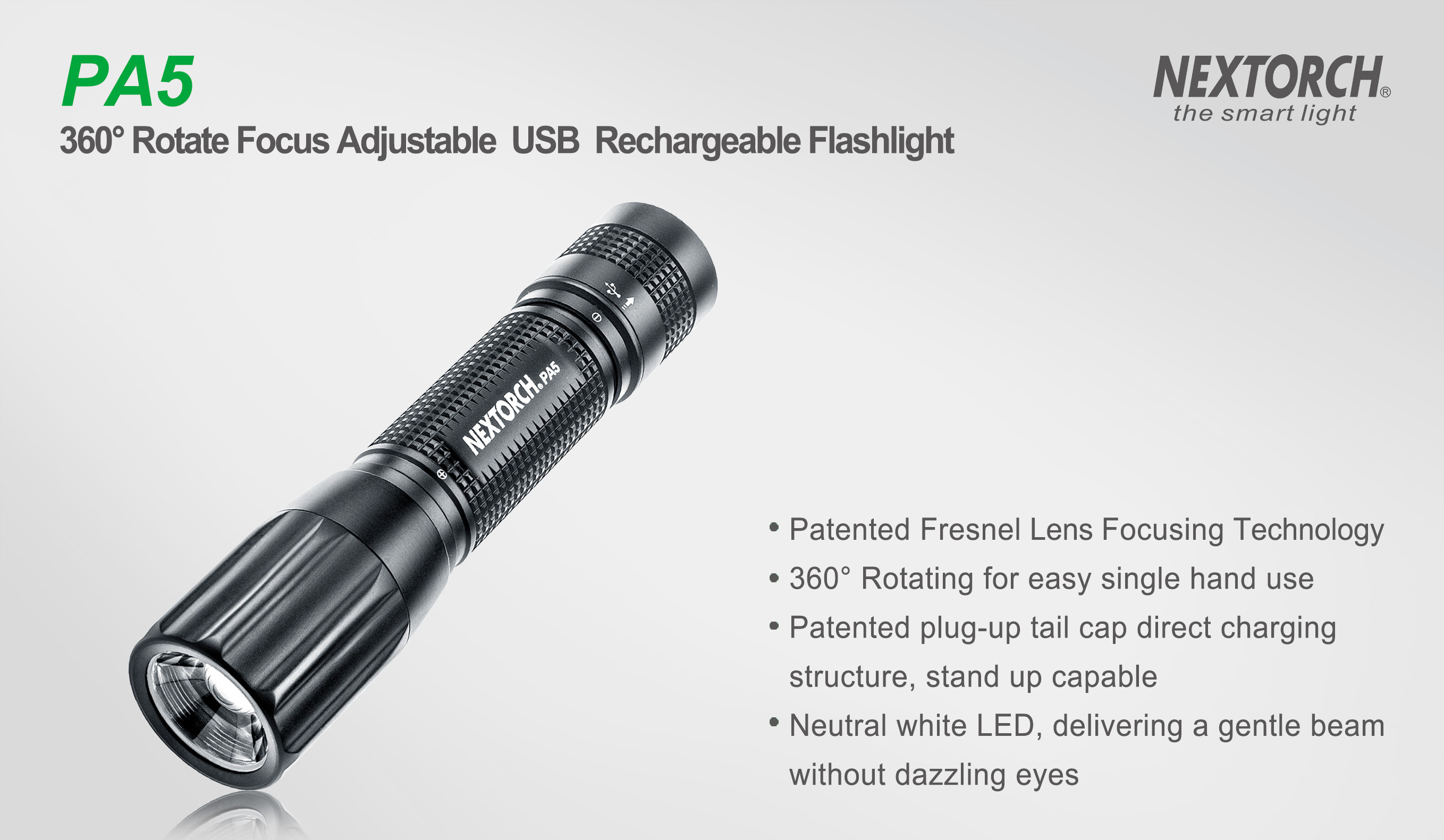 NEXTORCH PA5 Zoom LED flashlight USB rechargeable flood and focus zoom 500 lumen flashlight