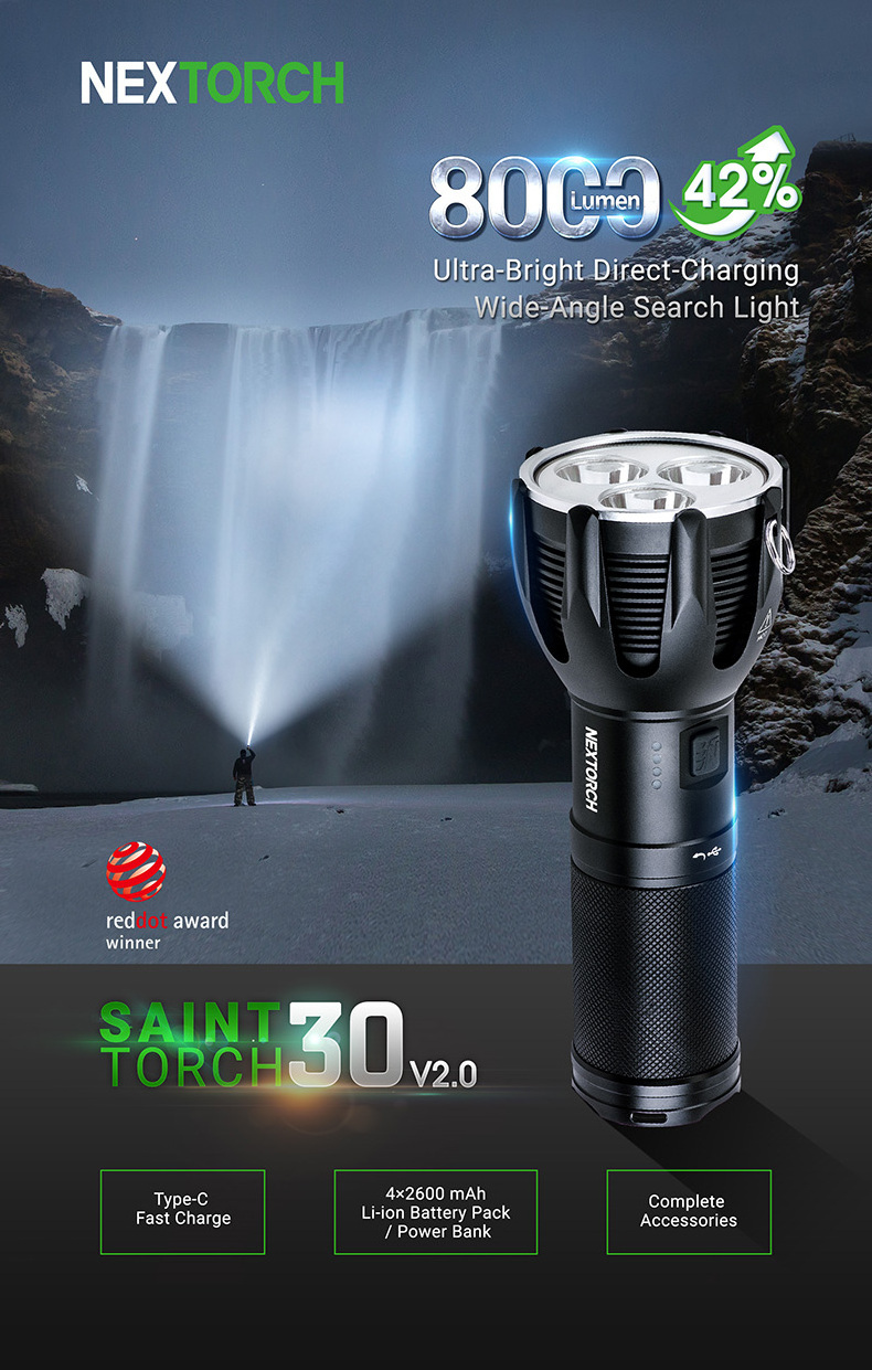 8000 lumen most powerful led flashlight Saint Torch 30 V2 usb rechargeable camping searchlight 10000 lumens outdoor flashlight