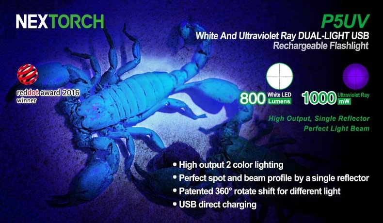 Ultraviolet flashlight High Power Two in one White and 365nm  UV flashlight NEXTORCH P5UV for Scorpion /Fluorescent Detect