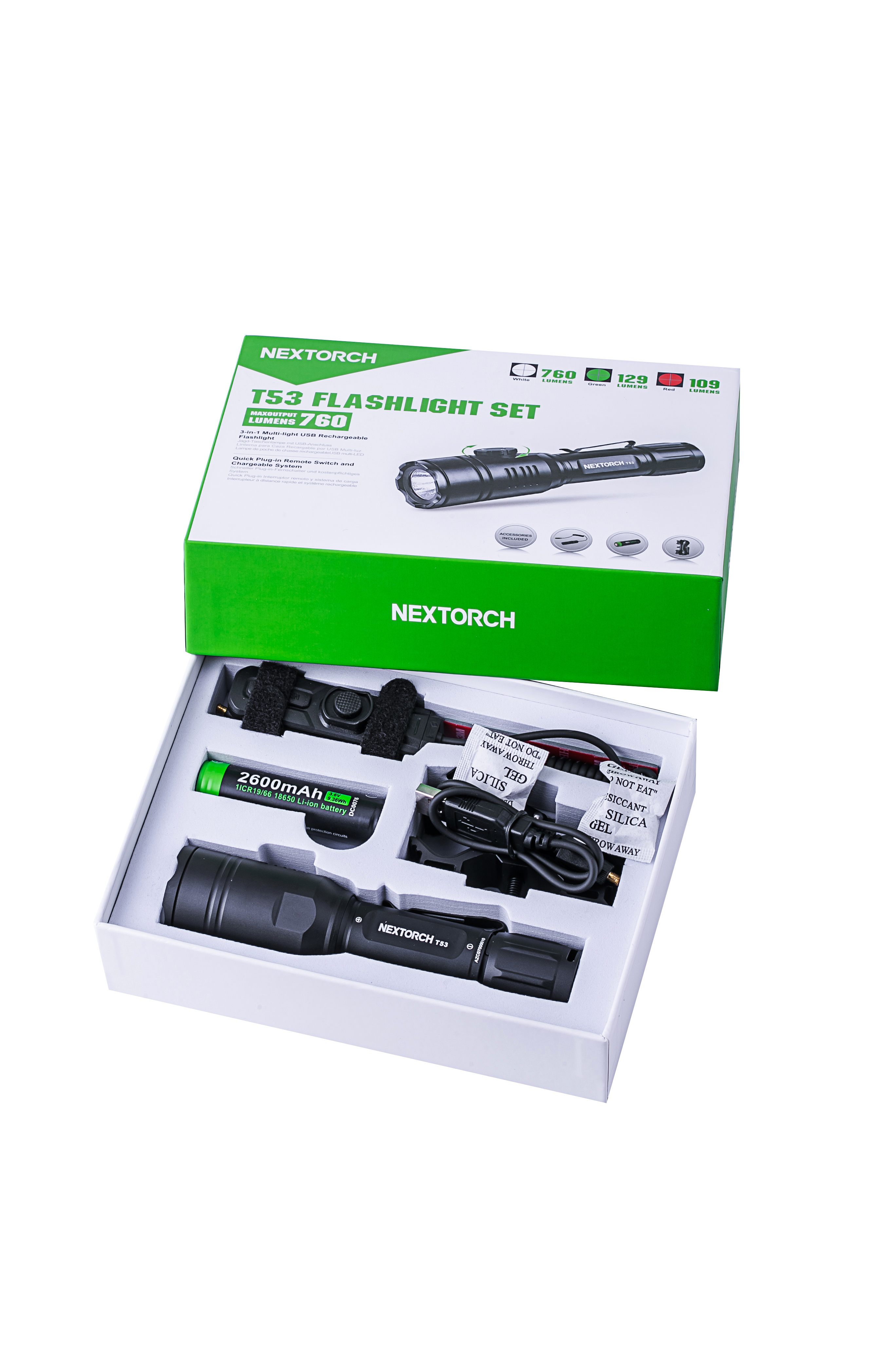 Nextorch T53 hunting flashlight set 760lumen rechargeable white red green 3 color in 1 flashlight