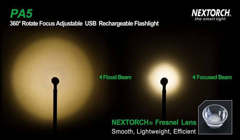 NEXTORCH PA5 660 lumens 360 degree focusing adjustable USB rechargeable flashlight white LED multi-function switch for outdoor