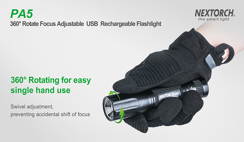 NEXTORCH PA5 660 lumens 360 degree focusing adjustable USB rechargeable flashlight white LED multi-function switch for outdoor