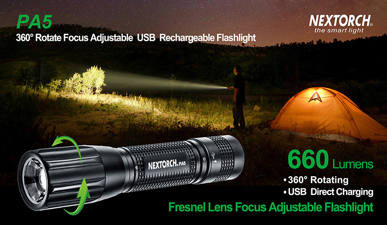 NEXTORCH PA5 Zoom LED flashlight USB rechargeable flood and focus zoom 500 lumen flashlight