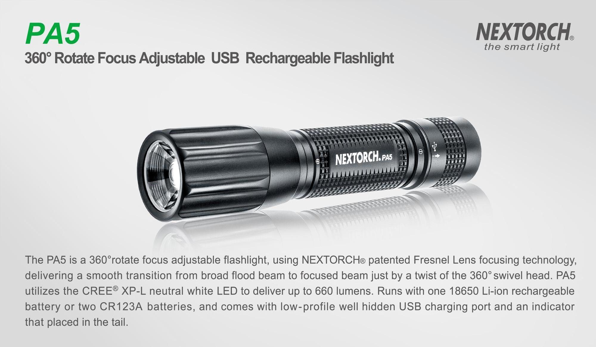 NEXTORCH PA5 Zoom LED flashlight USB rechargeable flood and focus zoom 500 lumen flashlight