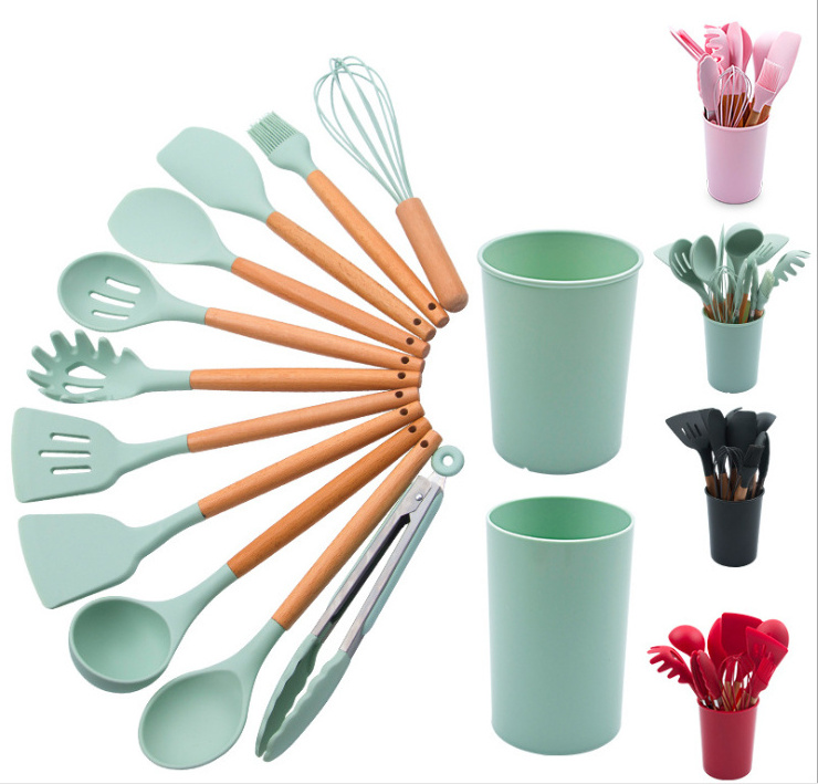 Eco-friendly hot selling silicon kitchen utensil set with bucket cooking utensil with wood handle