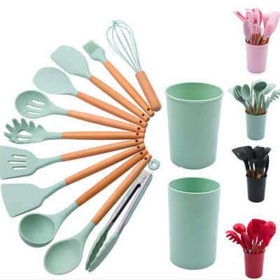 Eco-friendly hot selling silicon kitchen utensil set with bucket cooking utensil with wood handle