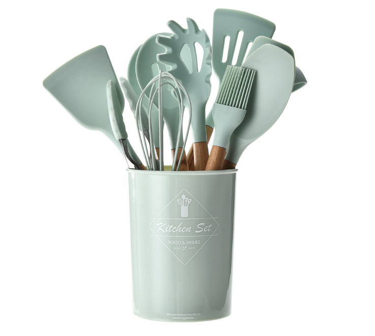 Eco-friendly hot selling silicon kitchen utensil set with bucket cooking utensil with wood handle