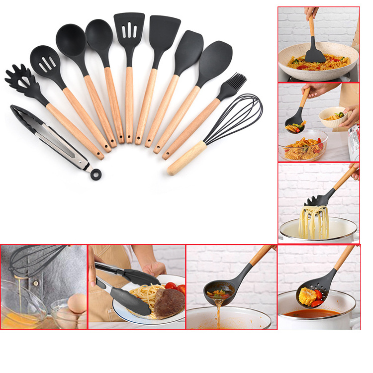 Eco-friendly hot selling silicon kitchen utensil set with bucket cooking utensil with wood handle