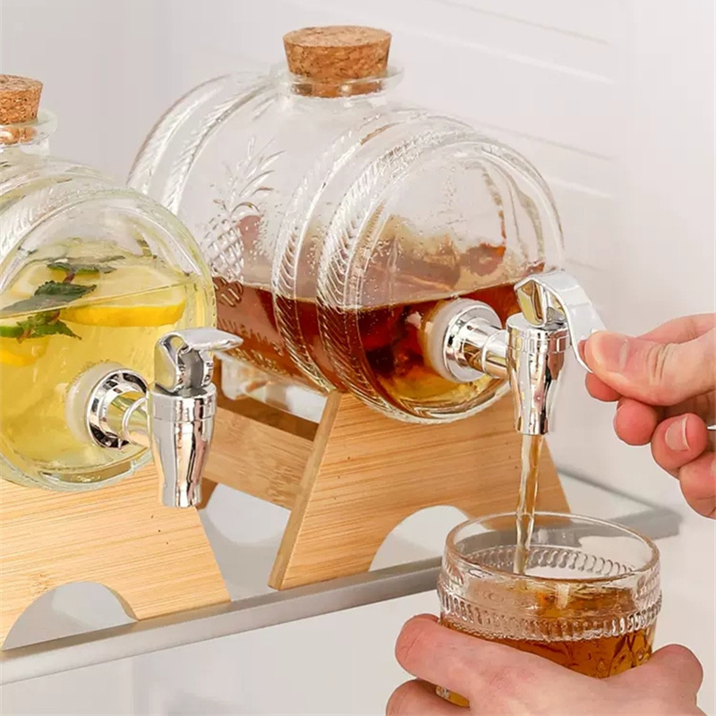 Cold Water Kettle Glass With Faucet Wooden Stopper Cover Sealed Fruit Tea Juice Household Refrigerator Big Capacity Drink Bucket