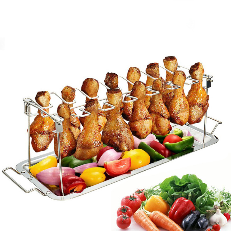 Yongli BBQ039 BBQ Accessories Stainless Steel Chicken Wing Leg Rack Vertical Grill With Drip Tray Drumstick Grill Stand Holder