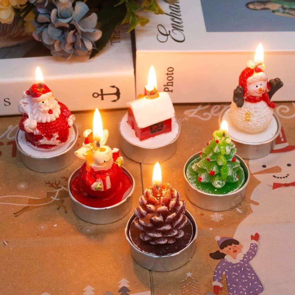 UO 3/4/12 pcs/set Mini Candle Xmas Tree Santa Snowman Pinecone Christmas Unscented Tea Light Candles for Dinner Table Parties