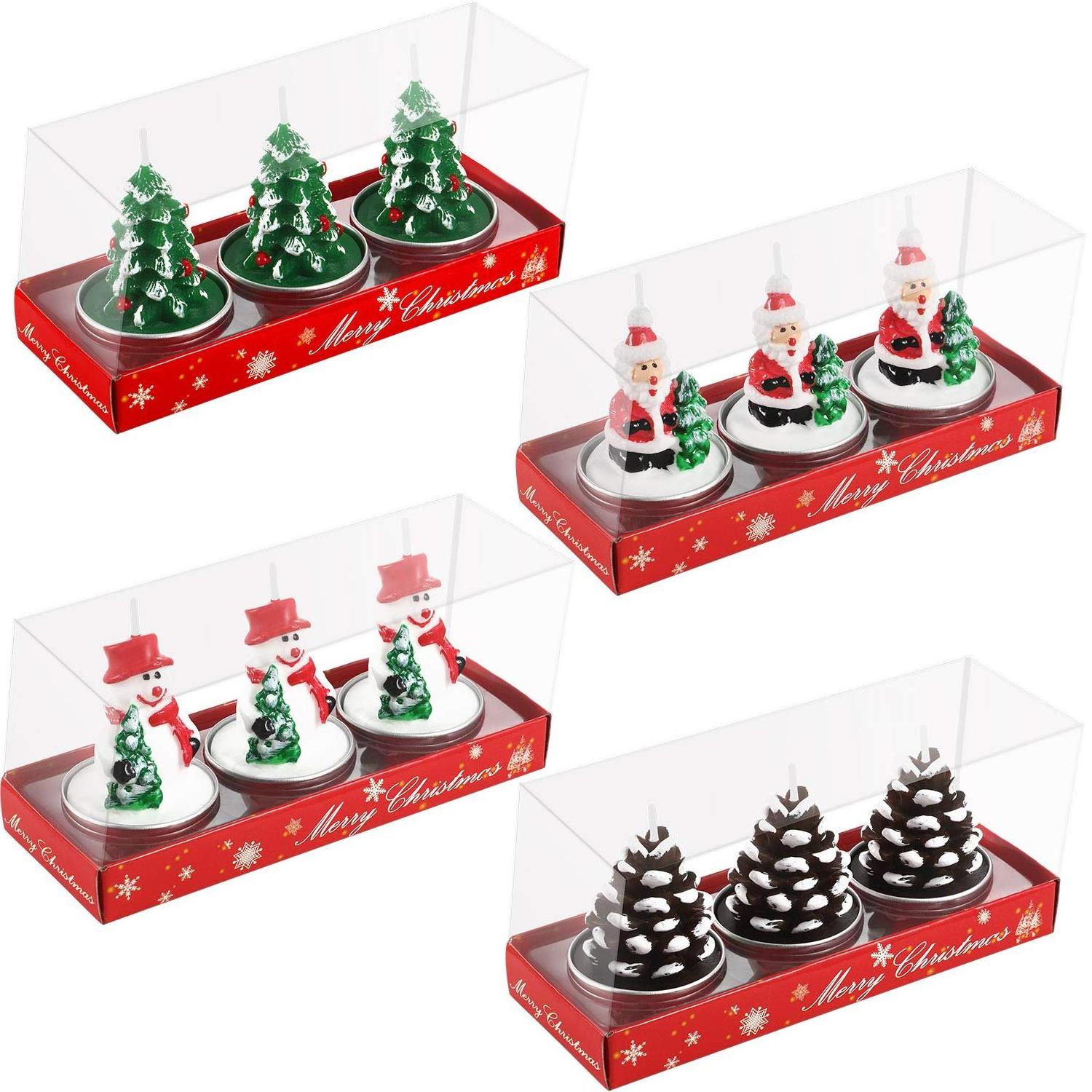 UO 3/4/12 pcs/set Mini Candle Xmas Tree Santa Snowman Pinecone Christmas Unscented Tea Light Candles for Dinner Table Parties