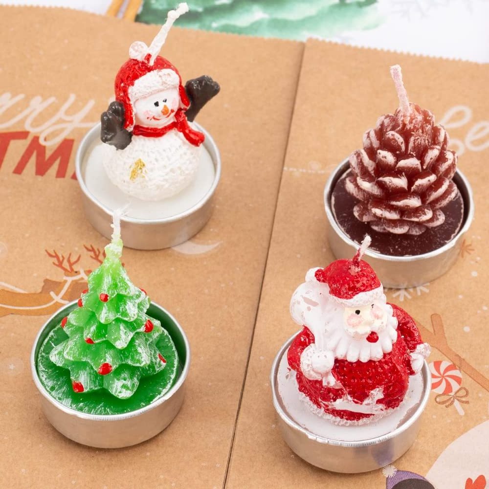 UO 3/4/12 pcs/set Mini Candle Xmas Tree Santa Snowman Pinecone Christmas Unscented Tea Light Candles for Dinner Table Parties