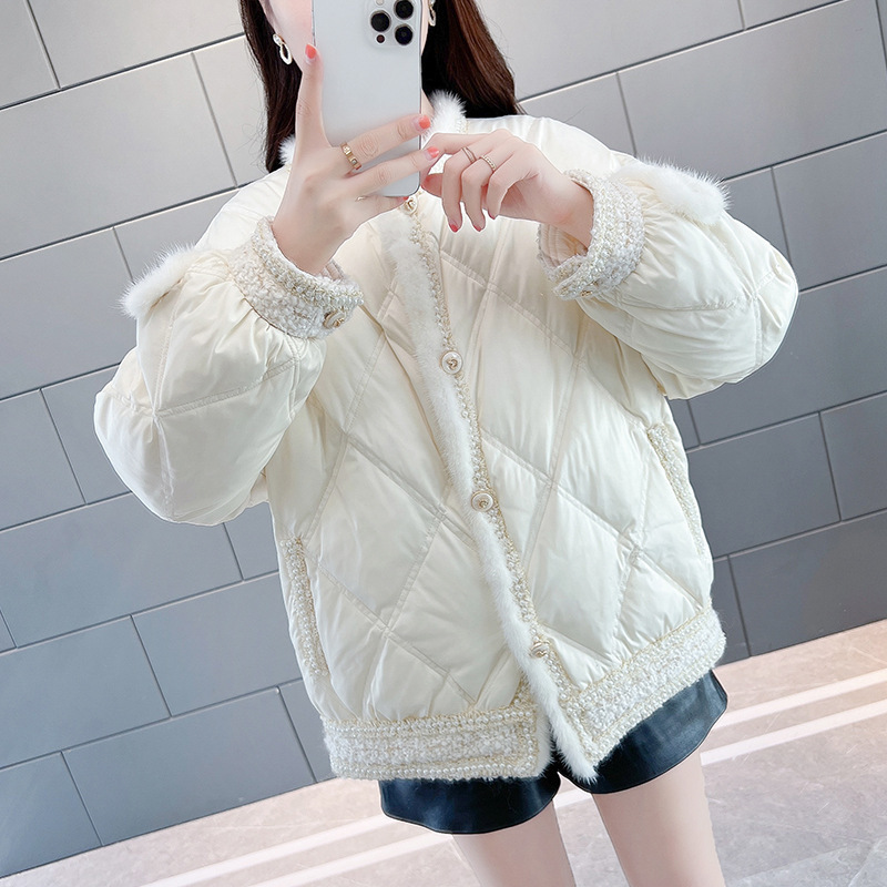 Winter black and white  women hooded zipper down jacket fox fur and goose leather women's down coats