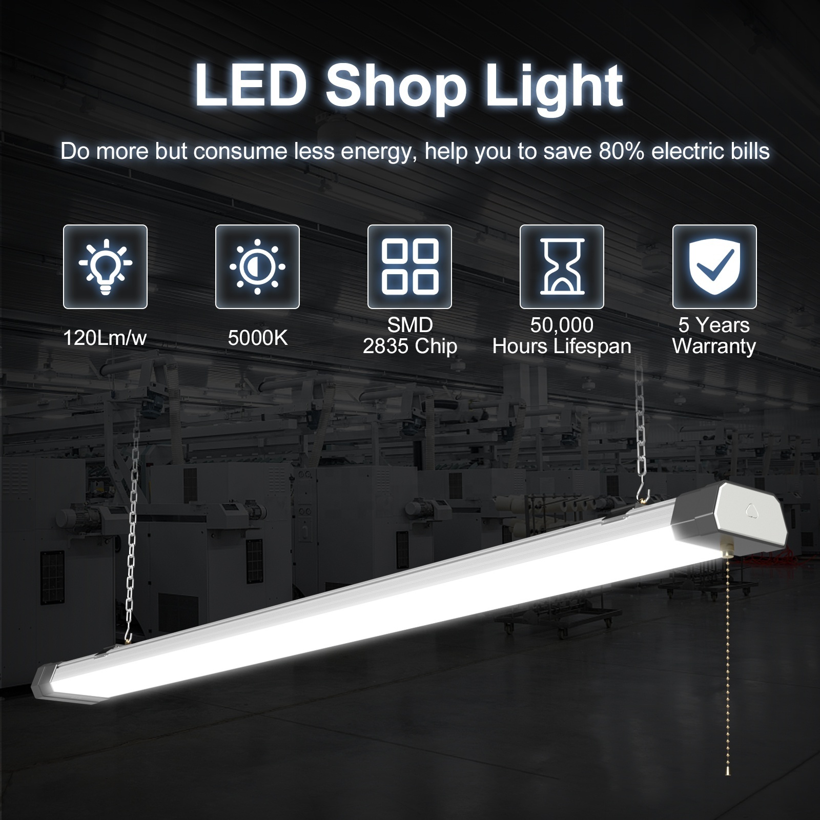 High Quality Aluminum 40W 60W 80W 100W 120W Linkable Pull Chain Switch Office Warehouse Tri-proof Shop Fixture LED Batten Light