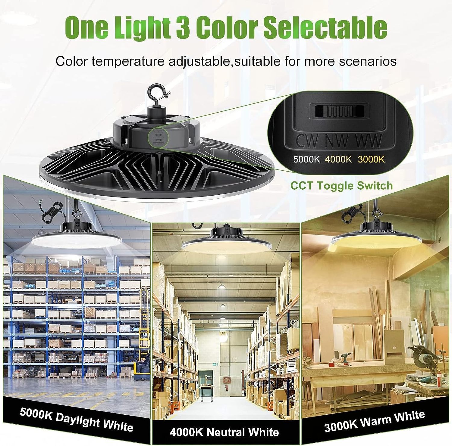 IP65 Industrial Warehouse Shop Motion Sensor 0-10V Dimmable UFO Led High Bay Light 3000K 4000K 5000K DLC UL 150W 200W 300W 400W