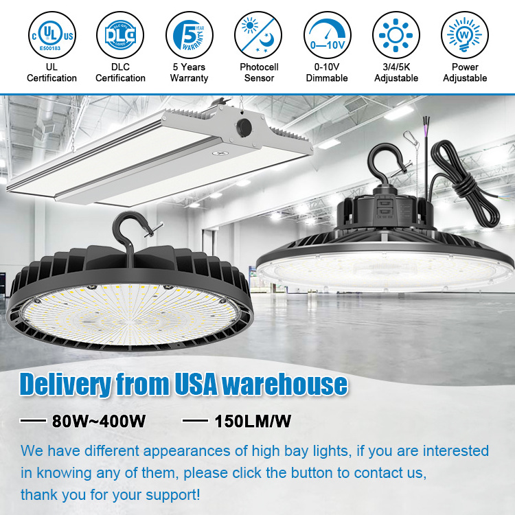 IP65 Industrial Warehouse Shop Motion Sensor 0-10V Dimmable UFO Led High Bay Light 3000K 4000K 5000K DLC UL 150W 200W 300W 400W