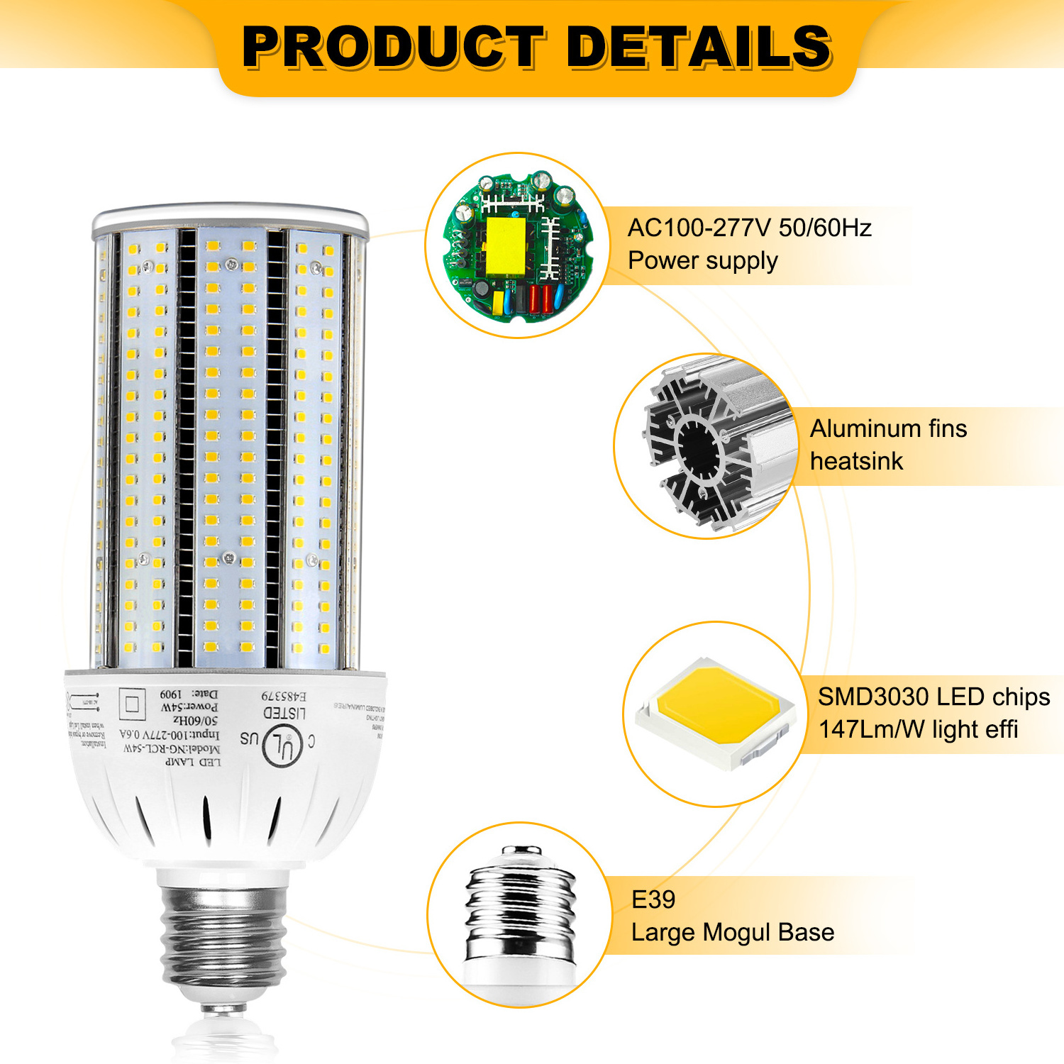 E26 E27 E39 E40 Base 36W 100W Highbay Led Bulb For Garage Warehouse Street Lighting Led Corn Bulb Light