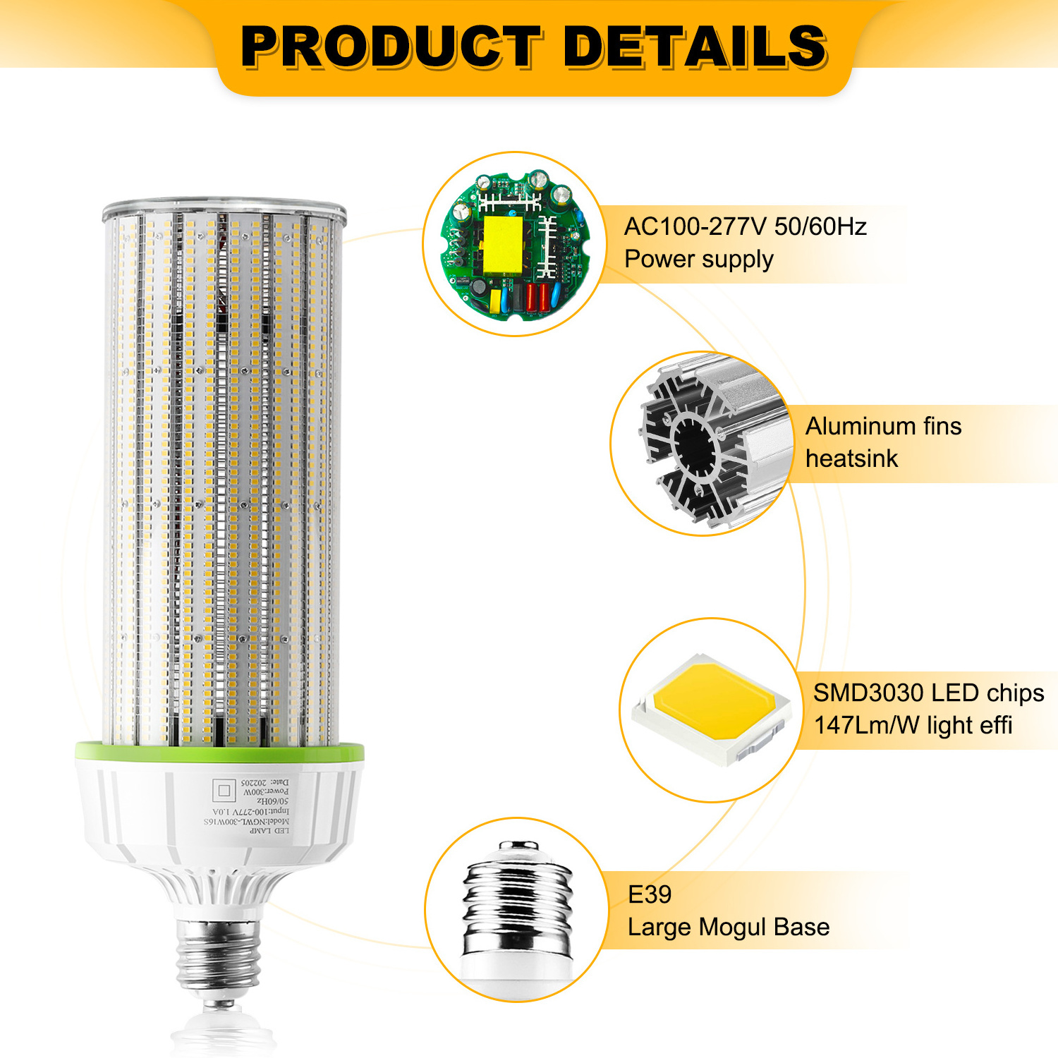 Led corn cob light bulb 30 50 80 100 200 300 Watt Aluminum bulbs Use in Street and garden LED corn light E39 with DLC approved