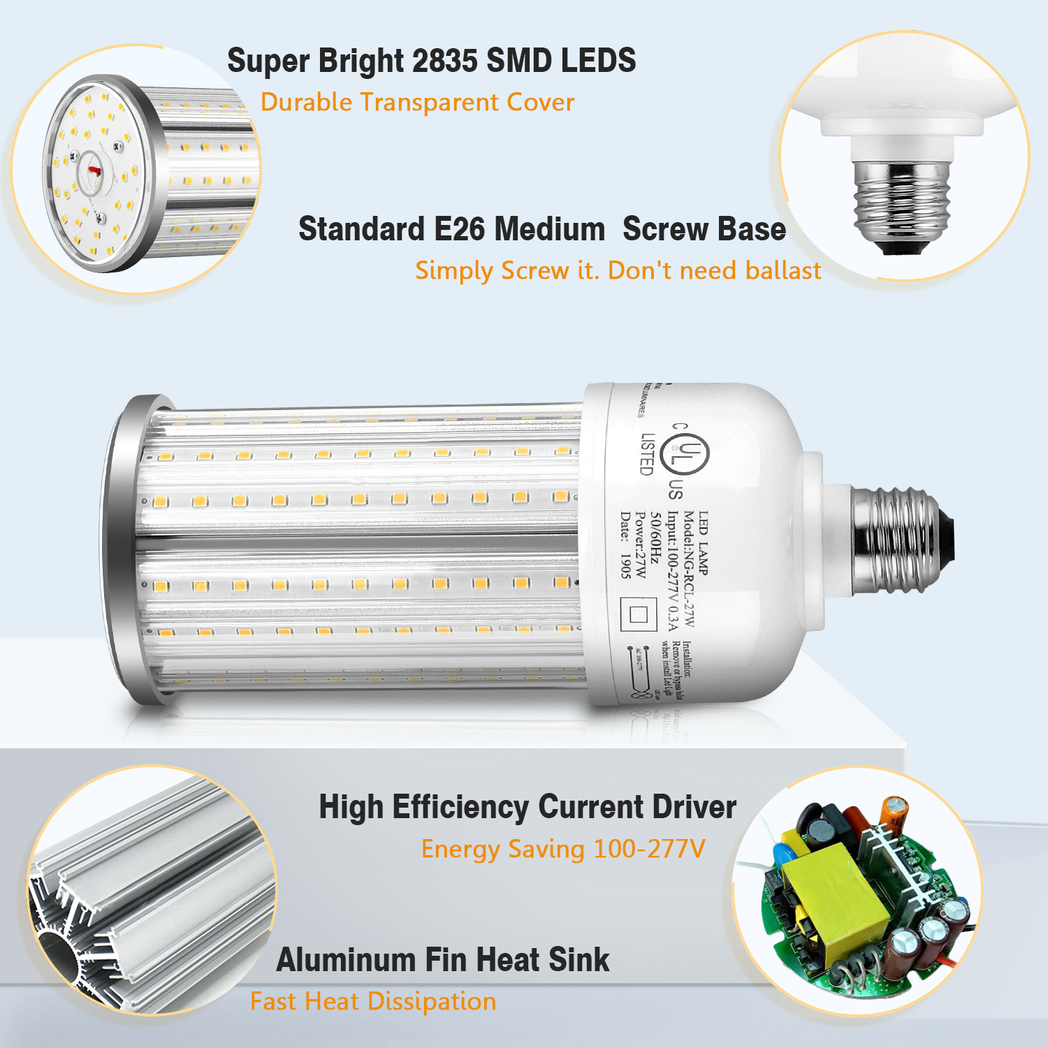 30 50 80 100 120 watt e39 smd corn led light bulb IP64 5000K daylight e26 led corn bulb street light