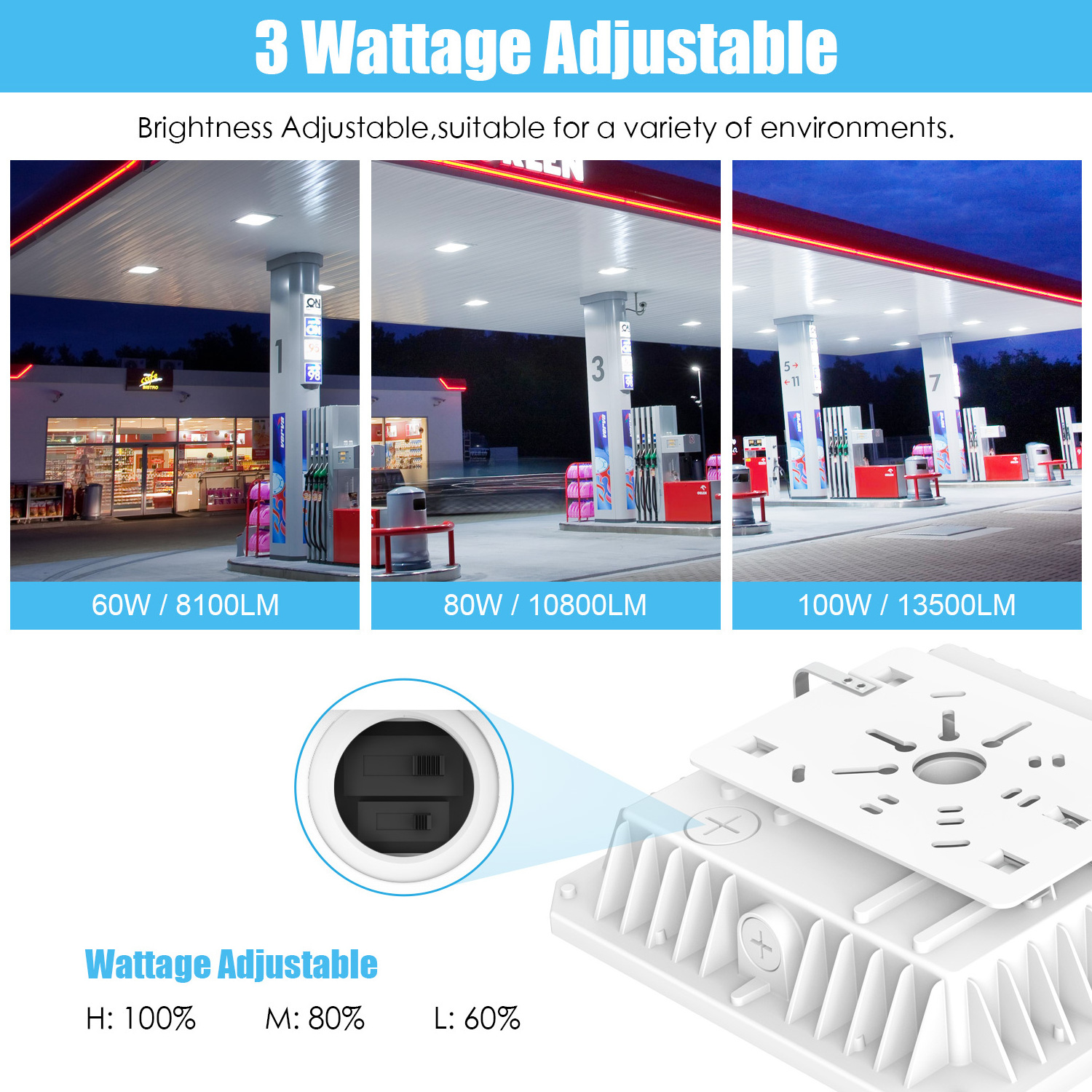 CCT Power Adjustable 40w 60w 100w 150w Parking Garage Light 150 Beam Angle With Sensor Square Led Canopy Light For Carport