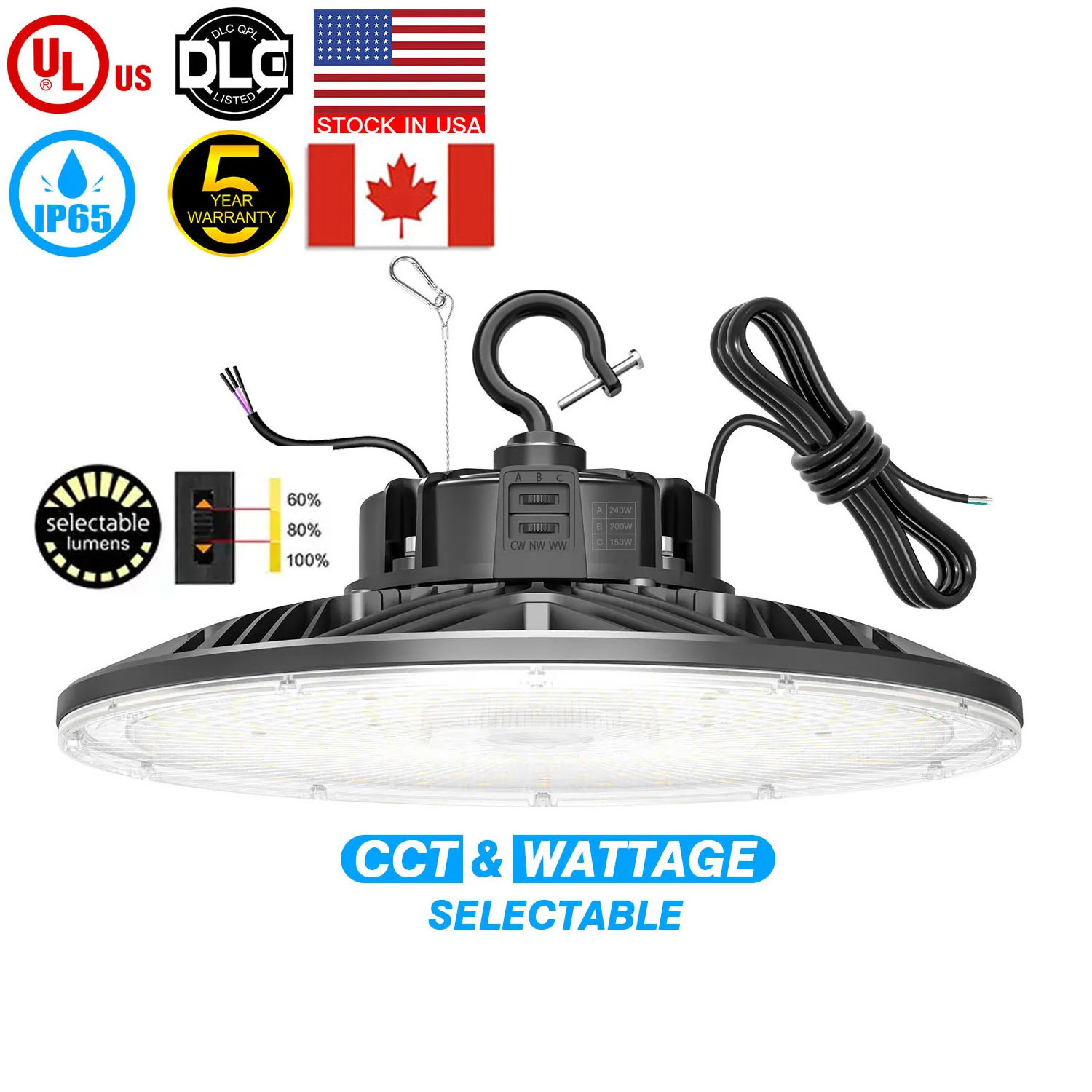 USA/Canada In Stock 3CCT 3Power Switchable Ufo Lamp Hi Highbay 300 200 Watt Industrial Fixtures Led High Bay Light