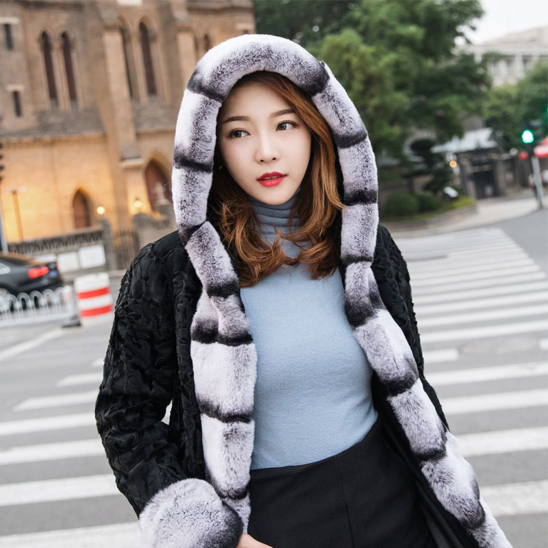 Custom Fashion Luxury Winter Hood Real Rex Rabbit Chinchilla Karakul Fur Women's Coats Women Fur Coat