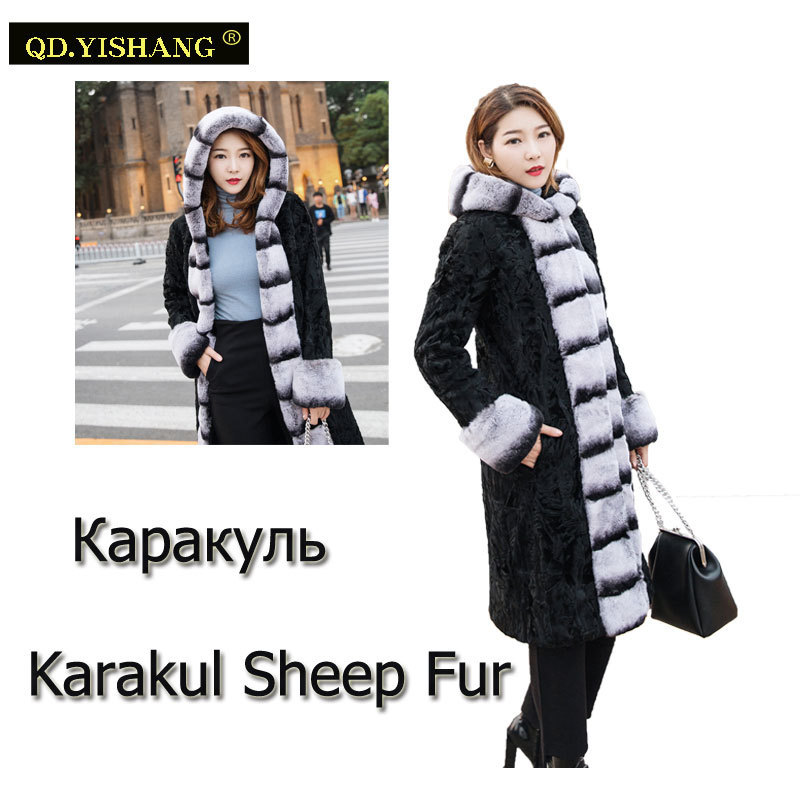 Custom Fashion Luxury Winter Hood Real Rex Rabbit Chinchilla Karakul Fur Women's Coats Women Fur Coat