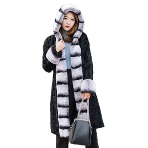 Custom Fashion Luxury Winter Hood Real Rex Rabbit Chinchilla Karakul Fur Women's Coats Women Fur Coat