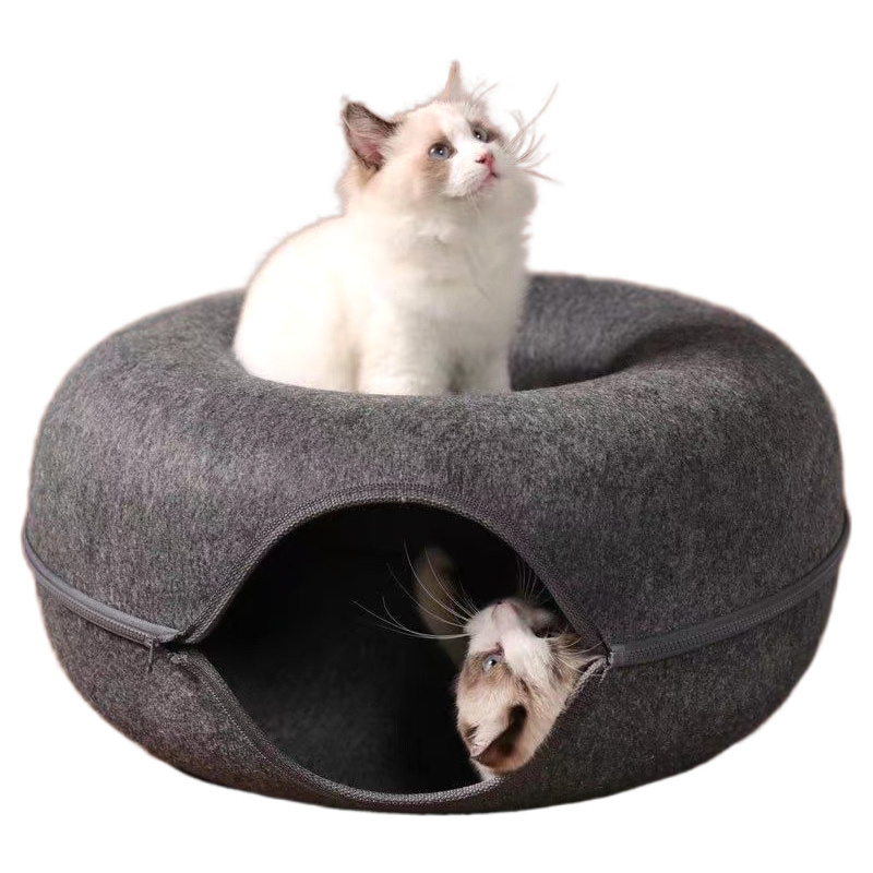 Durable Hard Felt 50cm 60cm Indoor Cat Nest House Donut Shape Pet Felt Tunnel Cave Bed With Zipper For Cats