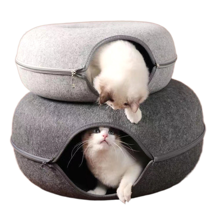 Durable Hard Felt 50cm 60cm Indoor Cat Nest House Donut Shape Pet Felt Tunnel Cave Bed With Zipper For Cats