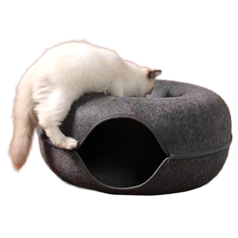 Durable Hard Felt 50cm 60cm Indoor Cat Nest House Donut Shape Pet Felt Tunnel Cave Bed With Zipper For Cats