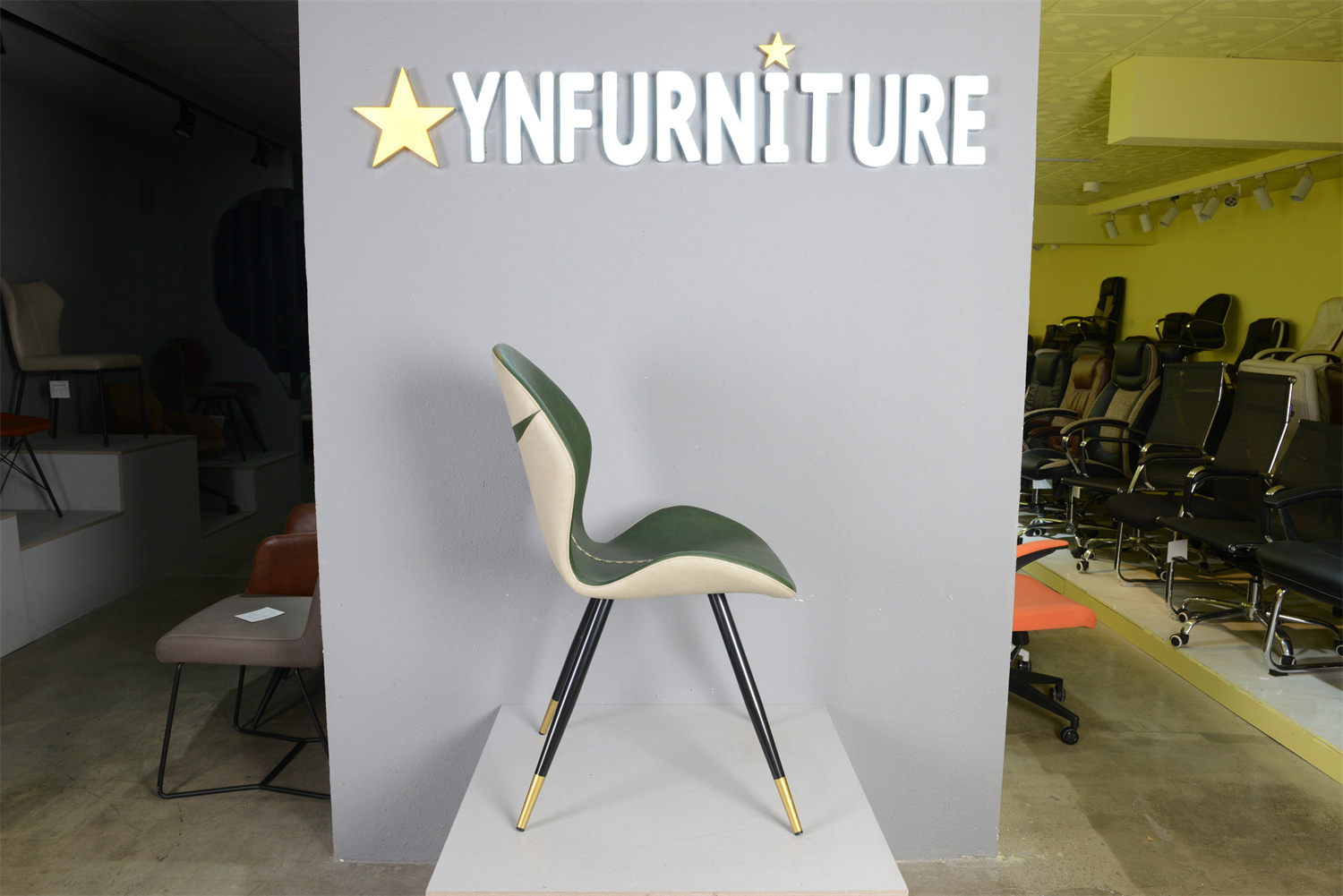 Vintage green and beige mixed faux leather curved back kitchen dining chair with metal legs